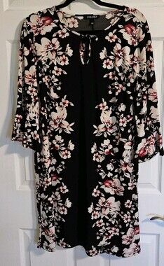 Large Stretchy knit Pink & Black Floral Tunic Dress Flowy Bell Sleeves
